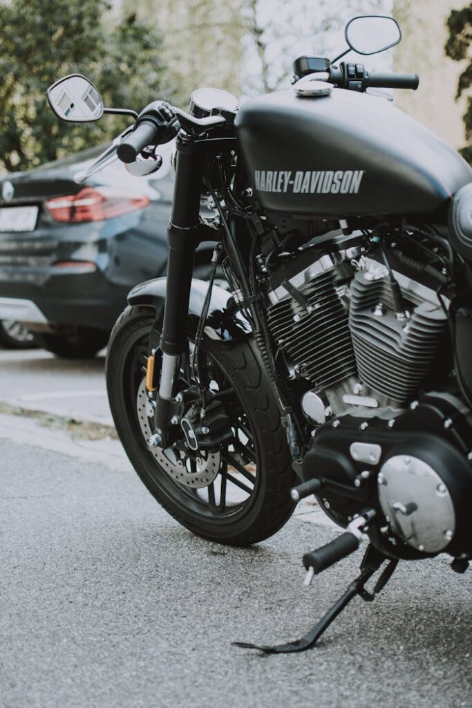 Sleek Harley-Davidson motorcycle parked on an urban road, showcasing elegance and power.